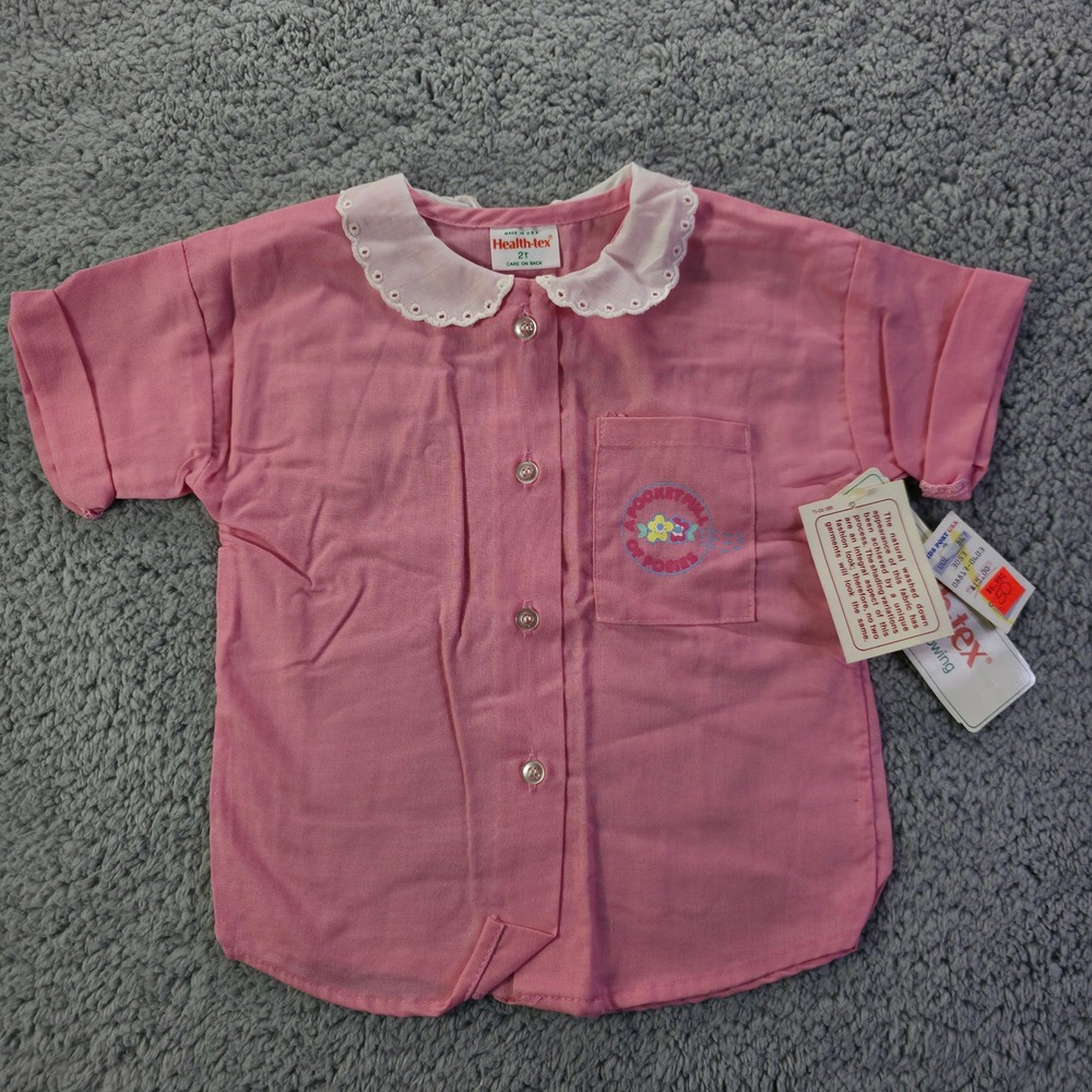 Vintage Health-tex Pink Eyelet Collar Pocketful of Posies Shirt 2T USA 30603